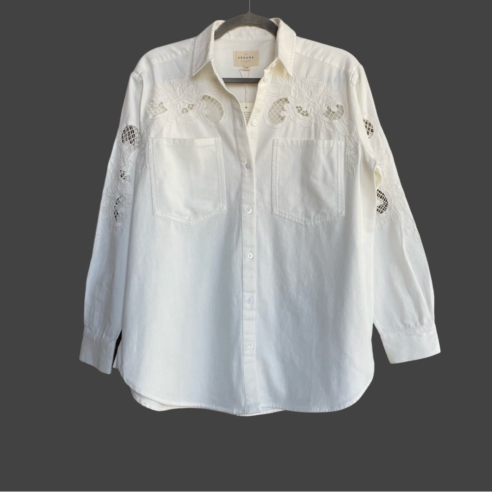 SEZANE NWT Ecru Floral Embroidered Cut Out Oversized Button Down Naora Shirt - Picture 3 of 17